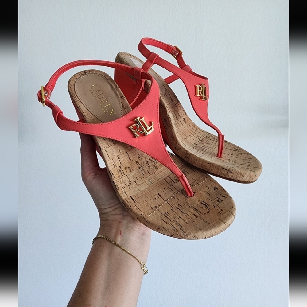 Ralph Lauren Jeannie Coral Ankle Strap / Thong Cork Wedge Sandal Shoes Size 8